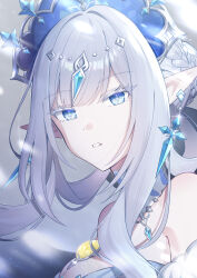  absurdres anastasya_feodorovna_snezhnaya aristocratic_clothes arms_at_sides bare_shoulders black_bow blue_gem blue_sleeves blue_tiara bow braid breasts bright_pupils brooch chest_markings colored_eyelashes commentary_request cross-diamond-shaped_pupils crystal_earrings detached_collar detached_sleeves dress earrings expressionless female fur-trimmed_sleeves fur_trim gem genshin_impact glint hair_bun hairbow half_up_braid highres jewelry ka_(ka_p019) kokoshnik long_sidelocks looking_at_viewer medium_breasts open_mouth pointy_ears portrait ringlets short_hair short_hair_with_long_locks sidelocks snowflake_pupils solo split_mouth symbol-shaped_pupils twitter_username white_background white_dress white_eyelashes white_eyes white_hair white_pupils yellow_gem 
