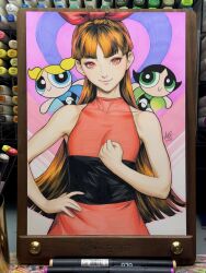  2025 3girls art_tools_in_frame black_hair blonde_hair blossom_(ppg) blue_eyes bubbles_(ppg) buttercup_(ppg) chibi clenched_hand closed_mouth commentary dress english_commentary green_eyes hand_on_own_hip highres long_hair looking_at_viewer marker_(medium) multiple_girls orange_hair pantyhose photo_(medium) powerpuff_girls red_dress red_eyes signature sleeveless sleeveless_dress smile stanley_lau straight-on traditional_media two-tone_dress upper_body 