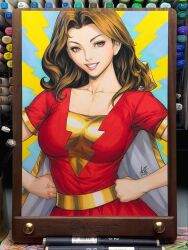  2025 abstract_background art_tools_in_frame breasts brown_eyes brown_hair cape collarbone commentary dc_comics dress english_commentary female gold_trim hands_on_own_hips highres large_breasts long_hair looking_to_the_side marker_(medium) mary_marvel parted_lips photo_(medium) red_dress shazam signature smile solo stanley_lau teeth traditional_media upper_body white_cape 