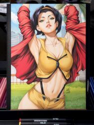  2025 armpits arms_up art_tools_in_frame breasts building commentary cowboy_bebop crop_top english_commentary faye_valentine female grass green_eyes hairband highres jacket large_breasts looking_at_viewer marker_(medium) parted_lips photo_(medium) purple_hair red_jacket shirt short_hair shorts signature sleeveless solo stanley_lau suspender_shorts suspenders traditional_media yellow_hairband yellow_shirt yellow_shorts 