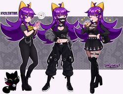  1girls belt black_clothing black_legwear boots breasts cellphone chains choker clothed_female drinking earrings feline female female_only fishnets furry long_hair looking_at_viewer mail mask one_eye_closed original original_character painted_nails pants purple_eyes purple_hair purple_nails sarukaiwolf shoes straw thighs thin_female violentine_(sarukaiwolf) yellow_ribbon 