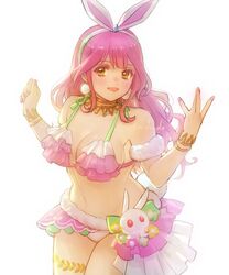  animal_ears arm_strap bikini blush bracelet breasts brown_eyes clenched_hand earrings fake_animal_ears female frilled_bikini frills fur-trimmed_bikini fur_trim hairband jewelry kimidori_(kimidoriri) long_hair looking_at_viewer macross macross_delta makina_nakajima official_alternate_costume open_mouth pink_bikini pom_pom_(clothes) pom_pom_earrings rabbit_ears smile solo stuffed_animal stuffed_rabbit stuffed_toy swimsuit twitter_username uta_macross_sumaho_deculture w white_background white_hairband 