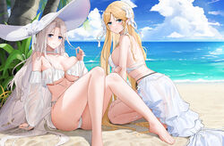  2girls azur_lane bare_shoulders barefoot beach bikini blonde_hair blue_eyes blue_sky breasts brest_(azur_lane) brest_(marine_muse)_(azur_lane) chinese_commentary choker cloud commentary_request day detached_sleeves feet foot_out_of_frame full_body grey_hair hair_intakes hand_up hat highres kneeling large_breasts legs long_hair multiple_girls ocean official_alternate_costume outdoors palm_tree parted_lips partial_commentary pointy_ears qing_wu sand sitting skirt sky smile sun_hat swimsuit thighs toenails toes tree very_long_hair white_choker white_skirt yorktown_(azur_lane) yorktown_ii_(azur_lane) yorktown_ii_(bright-sky_mermaid)_(azur_lane) 