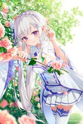  blurry blurry_background blurry_foreground blush braid breasts butterfly_hair_ornament cleavage cleavage_cutout clothing_cutout crown_braid depth_of_field detached_sleeves dress emilia_(re:zero) female fingernails flower hair_flower hair_ornament hair_ribbon hand_on_own_ear hands_up holding holding_flower kh_(kh_1128) leaning_forward long_hair looking_at_viewer medium_breasts pink_flower plant pleated_skirt pointy_ears purple_eyes purple_ribbon re:zero_kara_hajimeru_isekai_seikatsu ribbon skirt smile solo standing thighhighs very_long_hair white_dress white_flower white_hair white_skirt white_thighhighs wide_sleeves x_hair_ornament 