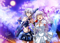  2girls ^_^ alternate_costume black_skirt blurry blurry_background breasts capelet cleavage closed_eyes collarbone commission covered_navel cryska_barchenowa dated dress fur_trim gloves grey_hair guitar inia_sestina instrument large_breasts medium_breasts midriff moon multiple_girls music muv-luv muv-luv_alternative muv-luv_total_eclipse open_mouth playing_instrument popgun_(22882502) purple_eyes skeb_commission skirt smile white_capelet white_dress white_gloves 