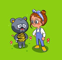  2020 almondfriend animal_crossing anthro barold_(animal_crossing) bear black_body black_fur blush clothing duo eyewear female fur glasses hi_res human mammal nintendo outside overalls shirt topwear 