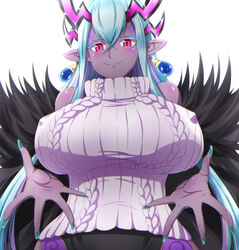  absurdres aqua_hair bare_shoulders blue_nails blush breasts colored_skin commentary_request dark-skinned_female dark_skin eyebrows fate/grand_order fate_(series) female fur_trim highres horns huge_breasts ibuki_douji_(fate) long_hair multiple_horns outstretched_hand pink_eyes pointy_ears sleeveless sleeveless_sweater sleeveless_turtleneck smile solo sotomichi sweater turtleneck white_background 