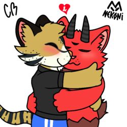  1:1 anthro blush bovid caprine closed_eyes clothing cyberrodrigo demon domestic_cat duo felid feline felis goat heart_symbol horn hug hybrid leopardus male male/male mammal nekoni nekoni_(character) nude ocelot rodrigo_(cyberrodrigo) smile 