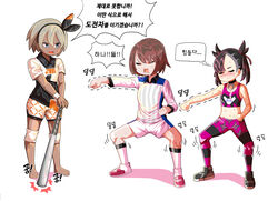  baseball_bat bea_(pokemon) black_choker black_hair black_hairband blush brown_hair choker collared_shirt commentary_request crop_top dark-skinned_female dark_skin gloria_(pokemon) gloves grey_eyes grey_hair gym_challenge_uniform hair_ribbon hairband highres korean_commentary korean_text marnie_(pokemon) midriff mipoog multiple_girls open_mouth photoshop_(medium) pokemon pokemon_swsh ribbon shirt short_hair short_sleeves shorts simple_background stance striped translation_request trembling twintails white_background 