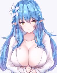  ahoge bad_id bad_pixiv_id blue_hair braid breasts bright_pupils cleavage collarbone colored_tips commentary_request female flower french_braid frown hair_between_eyes hair_flower hair_ornament half_updo highres hololive kousi_sirazawa large_breasts light_blush long_hair long_sleeves looking_to_the_side multicolored_hair parted_lips pointy_ears raised_eyebrows shirt simple_background solo streaked_hair upper_body virtual_youtuber white_background white_flower white_pupils white_shirt yellow_eyes yukihana_lamy 