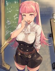  belt belt_buckle black_thighhighs breasts buckle chalkboard commentary cup desk female fire_emblem fire_emblem:_three_houses garreg_mach_monastery_uniform hand_on_own_cheek hand_on_own_face hand_up hilda_valentine_goneril large_breasts long_hair looking_at_viewer open_mouth pink_eyes pink_hair sajittari school_uniform solo thighhighs twintails very_long_hair zettai_ryouiki 