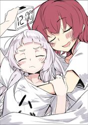  2girls alarm_clock alternate_costume arm_grab bed_sheet blush clock commentary_request drooling grey_hair hand_under_clothes hand_under_shirt hololive houshou_marine ivan_wang long_hair multiple_girls murasaki_shion red_hair shirt sleeping t-shirt virtual_youtuber 