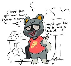  2020 animal_crossing anthro barold_(animal_crossing) bear black_body black_fur closed_eyes clothed clothing english_text eyewear fur glasses hi_res male mammal nintendo outside shirt solo text theblackeye_th topwear 