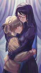  2girls absurdres bad_id bad_pixiv_id banana_oekaki blush braid braided_hair_rings brown_cardigan brown_hair cardigan chains commentary crescent dress eyelashes eyewear_strap frilled_sleeves frills glasgow_smile glasses hair_rings hand_on_another&#039;s_head highres light_smile lips long_hair looking_at_viewer multiple_girls own_hands_clasped own_hands_together parted_lips purple_dress purple_eyes purple_hair rectangular_eyewear scar scar_on_face school_uniform semi-rimless_eyewear serafuku urasekai_picnic uruma_satsuki urumi_luna very_long_hair yuri 