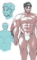  1boy abs aura bara beard_stubble bulge comparison dagon_(housamo) dark-skinned_male dark_skin facial_hair feet_out_of_frame fins fish_boy from_behind grey_hair large_pectorals loincloth long_sideburns male_focus male_swimwear mature_male monochrome muscular muscular_male mustache_stubble navel no_nipples noramoso o-ring o-ring_bottom o-ring_swimsuit official_alternate_costume pectorals scene_reference short_hair sideburns slit_pupils solo stomach stubble swimsuit thick_eyebrows thick_thighs thighs tokyo_afterschool_summoners topless_male white_background white_male_swimwear 