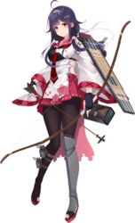  ahoge arrow_(projectile) bow_(weapon) female flight_deck floral_print full_body gloves hair_flaps hairband hakama hakama_short_skirt hakama_skirt haori holding holding_arrow holding_bow_(weapon) holding_weapon japanese_clothes kantai_collection kujou_ichiso looking_at_viewer low_twintails muneate official_art partially_fingerless_gloves quiver red_hakama red_sailor_collar ryuuhou_(kancolle) ryuuhou_kai_ni_(kancolle) sailor_collar school_uniform serafuku skirt source_request taigei_(kancolle) transparent_background twintails weapon yugake 