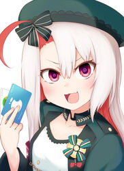  :d @_@ absurdres asuto3 azur_lane bow card chains collarbone commentary_request female gift_card hair_between_eyes hair_ribbon hairbow hat highres holding holding_card long_hair looking_at_viewer maestrale_(azur_lane) multicolored_hair open_mouth red_eyes ribbon sidelocks simple_background smile solo symbol-shaped_pupils two-tone_hair v-shaped_eyebrows white_background white_hair 