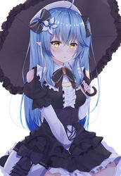  ahoge alternate_costume alternate_hairstyle bag blue_hair blush bow breasts clothing_cutout colored_tips commentary_request elf female flower gothic_lolita hair_flower hair_ornament hairbow handbag heart heart_ahoge highres holding holding_umbrella hololive lolita_fashion long_hair looking_at_viewer multicolored_hair pointy_ears shoulder_cutout simple_background solo streaked_hair umbrella virtual_youtuber white_background yellow_eyes yukihana_lamy yuzuki4no 