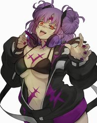  black_hoodie breasts brown_eyes claw_ring cleavage collarbone double_bun female hair_bun half-closed_eye head_tilt hood hood_down hoodie kimidori_(kimidoriri) looking_at_viewer macross macross_delta macross_delta:_zettai_live!!!!!! medium_breasts open_mouth purple_hair purple_nails solo tongue tongue_out white_background yami_makina 