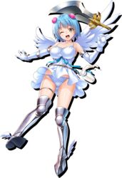  ;d angel_wings armor asymmetrical_wings blue_hair bottle breasts chemise elbow_gloves feathered_wings female full_body gloves greaves green_eyes hair_bobbles hair_ornament large_breasts looking_at_viewer milk nanael_(queen&#039;s_blade) nanael_(queen&#039;s_blade_unlimited) official_art one_eye_closed oosaki_shin&#039;ya open_mouth panties pantyshot polka_dot polka_dot_panties queen&#039;s_blade queen&#039;s_blade_unlimited queen&#039;s_blade_white_triangle short_hair smile solo spill sword tachi-e transparent_background underwear weapon white_gloves white_wings winged_footwear wings 