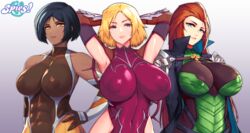  3girls abs absurdres alex_(totally_spies) armpits arms_behind_head arms_up bare_shoulders black_hair blonde_hair blue_eyes bodysuit breasts brown_eyes brown_gloves clover_(totally_spies) coat cosplay covered_navel covered_nipples cowboy_shot dark-skinned_female dark_skin elbow_gloves gloves green_eyes hands_on_own_hips highres igawa_sakura igawa_sakura_(cosplay) impossible_clothes large_breasts long_hair looking_at_viewer medium_hair multiple_girls nachtness red_hair sam_(totally_spies) short_hair simple_background taimanin_(series) taimanin_asagi taimanin_suit totally_spies upper_body white_background yellow_eyes 