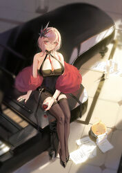  arm_support azur_lane bangle bare_shoulders black_legwear blonde_hair bracelet breasts cleavage dress drink feather_boa female full_body highres holding holding_drink instrument jewelry large_breasts looking_at_viewer multicolored_hair paper parted_lips piano red_wine roon_(azur_lane) roon_(viridescent_lullaby)_(azur_lane) sansan_(dongfangzhong111) short_hair sitting solo streaked_hair sunlight thighhighs thighs 