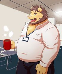  2022 anthro belly big_belly bottomwear clothing container cup cute_fangs felid hi_res humanoid_hands kemono kick_(artist) lion male mammal mug overweight overweight_male pantherine pants shirt solo topwear 