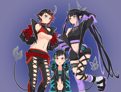  3girls belt belt_bra black_hair black_jacket black_pants black_ribbon black_sports_bra blue_belt blue_eyes blue_hair blunt_bangs blush breasts chains chest_belt cleavage closed_mouth clothing_cutout commentary_request cropped_jacket cross-laced_clothes cross-laced_pants cross-laced_sleeves demon_girl demon_horns demon_tail ear_chain feet_out_of_frame flat_chest foot_out_of_frame heart horns jacket k_waremono kneehighs kojo_anna kojo_anna_(1st_costume) large_breasts leg_ribbon leg_up long_hair long_sleeves looking_at_another medium_breasts midriff multicolored_hair multiple_girls nanashi_inc. navel oerba_yun_fang off_shoulder open_clothes open_jacket open_mouth pants pointy_ears purple_background purple_hair purple_legwear red_eyes red_hair red_sports_bra ribbon ryugasaki_rene ryugasaki_rene_(1st_costume) see-through see-through_cleavage shishio_chris shishio_chris_(1st_costume) shoes short_hair shoulder_cutout smile sneakers socks sports_bra sugar_lyric tail twintails two-tone_hair two-tone_sports_bra underboob very_long_hair virtual_youtuber white_footwear yellow_eyes 