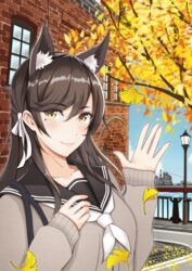  atago_(azur_lane) atago_(cruiser) atago_(school_traumerei)_(azur_lane) autumn autumn_leaves azur_lane black_sailor_collar brick_wall brown_hair extra_ears female ginkgo_tree hair_ribbon highres historical_name_connection long_hair looking_at_viewer mole mole_under_eye name_connection neckerchief nekkusu_(nex_06) object_namesake official_alternate_costume outdoors ribbon sailor_collar solo swept_bangs tree upper_body vehicle_and_personification white_neckerchief white_ribbon yellow_eyes 