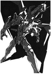  absurdres goldburn greyscale gridknight_(ssss.gridman) gridman_universe highres mecha monochrome no_humans non-web_source official_art robot simple_background solo ssss.dynazenon standing traditional_media wings yoshinari_you 