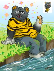  2020 3:4 animal_crossing anthro ari-nemera barold_(animal_crossing) bear black_body black_fur bottomwear clothing eyewear fur glasses hi_res male mammal nintendo outside overweight overweight_anthro overweight_male pants shirt sitting solo topwear water 