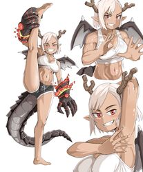  absurdres armpits blonde_hair breasts commentary_request covered_nipples dark-skinned_female dark_skin dragon_girl dragon_horns dragon_tail dragon_wings female gauntlets gym_shorts halterneck highres horns korean_commentary looking_at_viewer medium_breasts medium_hair mipoog navel open_mouth original red_eyes shorts simple_background smile solo tail toned white_background wings 