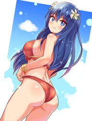  ass bare_shoulders bikini blue_eyes blue_hair blush bracelet breasts butt_crack caeda_(fire_emblem) caeda_(summer)_(fire_emblem) cougar_(cougar1404) cowboy_shot dutch_angle female fire_emblem fire_emblem:_mystery_of_the_emblem fire_emblem:_shadow_dragon fire_emblem_heroes flower hair_flower hair_ornament jewelry long_hair looking_at_viewer looking_back medium_breasts official_alternate_costume red_bikini sideboob solo swimsuit 