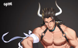  1boy alche_(benruce) alternate_costume animal_ears arknights bandages bara brown_eyes brown_hair chest_harness collar cow_boy cow_ears cow_horns earrings hair_strand harness highres horns jewelry male_focus matterhorn_(arknights) muscular muscular_male nipple_piercing nipple_rings nude pectorals piercing scar scar_across_eye scar_on_chest scar_on_face short_hair solo upper_body 