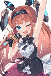  ;d ahoge arm_up armpits bare_shoulders black_bow black_hairband blue_eyes blush bow brown_bow brown_hair center_frills commentary_request female frilled_skirt frills glowing hair_intakes hairband headgear highres holding holding_microphone lishenna_omen_of_destruction long_hair microphone oerba_yun_fang one_eye_closed open_mouth pinky_out pleated_skirt red_skirt shadowverse shirt simple_background skirt sleeveless sleeveless_shirt smile solo very_long_hair wagashi928 white_background white_bow white_shirt 