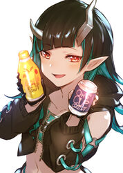  alcohol belt belt_bra black_gloves black_hair black_jacket blue_belt blue_hair blush bottle can chest_belt clothing_cutout commentary_request cropped_jacket cross-laced_clothes cross-laced_sleeves demon_girl demon_horns female flat_chest gloves highres holding holding_bottle holding_can horns jacket koto_suomi long_hair long_sleeves looking_at_viewer midriff multicolored_hair nanashi_inc. navel oerba_yun_fang one_cup open_clothes open_jacket open_mouth partially_fingerless_gloves pointy_ears red_eyes sake shishio_chris shishio_chris_(1st_costume) shoulder_cutout simple_background smile solo sugar_lyric two-tone_hair upper_body virtual_youtuber white_background 