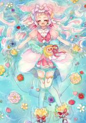  aqua_bow back_bow bow closed_eyes clover_earrings cure_yell cure_yell_(cheerful_style) double_bun dress facing_viewer female flower frills full_body hair_bun hairbow happy heart_pouch highres hugtto!_precure layered_dress long_hair lying magical_girl multicolored_bow nono_hana on_back open_mouth outstretched_arms partially_submerged pink_dress pink_hair pleated_dress pouch precure puffy_sleeves see-through see-through_sleeves shoes short_dress smile solo spread_arms thighhighs water white_thighhighs wrist_cuffs yellow_wrist_cuffs yuki_inu zettai_ryouiki 