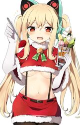  :d animal_ear_headphones animal_ears axent_wear azur_lane bell belt black_pantyhose blonde_hair breasts cat_ear_headphones christmas concord_(azur_lane) concord_(sweet_christmas)_(azur_lane) cowboy_shot crop_top elbow_gloves fake_animal_ears female food fork fruit fur_trim gloves headphones highres holding ice_cream jingle_bell long_hair looking_at_viewer medium_breasts midriff miniskirt mole mole_under_eye navel oerba_yun_fang open_mouth pantyhose red_eyes red_shirt red_skirt shirt short_sleeves sidelocks simple_background skirt smile solo standing star-shaped_pupils star_(symbol) stomach strawberry suspenders symbol-shaped_pupils tonari_(ichinichime_azuma) twintails underboob white_background white_gloves wide_sleeves 