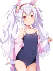  animal_ears azur_lane blue_one-piece_swimsuit chestnut_mouth coat competition_school_swimsuit covered_navel fake_animal_ears female hairband laffey_(azur_lane) long_hair off_shoulder one-piece_swimsuit open_mouth pink_coat rabbit_ears red_eyes school_swimsuit simple_background solo swimsuit thighs tiger_rmn twintails very_long_hair white_background white_hair 