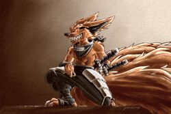  3:2 9_tails anthro arm_wraps armor bandana bandanna_scarf big_ears big_tail black_body black_clothing black_eyeshadow black_fur bottomwear canid canine clothing eyeshadow feet fluffy fluffy_tail foot_wraps fox fur glowing glowing_eyes grinning_at_viewer hi_res katana kerchief kneeling kunai kurama leg_armor leg_wraps makeup male mammal melee_weapon multi_tail muscular muscular_male naruto naruto_(series) neckerchief ninja orange_body orange_fur oversized_bottomwear oversized_clothing oversized_pants pants red_eyes red_fox sash sharp_teeth sheathed_weapon softailfox sword tail teeth throwing_knife true_fox warrior weapon wraps 