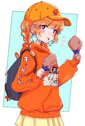  alternate_costume backpack bag baseball_cap blush braid chicken_(food) chicken_leg female food green_hair hair_behind_ear hat highres holding holding_food hololive hololive_english hood hoodie medium_hair multicolored_hair naekam orange_hair orange_hat orange_hoodie purple_eyes skirt smile solo streaked_hair takanashi_kiara tongue tongue_out twin_braids virtual_youtuber yellow_skirt 