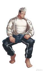  1boy bara barefoot black_hair facial_hair full_body highres jacket looking_at_viewer male_focus mature_male multicolored_hair muscular muscular_male original pants selkiro shirt simple_background smile solo stubble sweatpants two-tone_hair white_background white_hair white_jacket white_shirt 