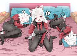  3girls animal_ears arm_garter bed bed_sheet black_gloves cerberus_(helltaker) commentary_request demon_girl demon_tail dog_ears dog_girl gloves helltaker highres korean_commentary long_hair looking_at_viewer mipoog multiple_girls necktie oerba_yun_fang open_mouth pillow red_eyes red_shirt shirt sleeping smile tail triplets vest waistcoat waking_up white_hair 