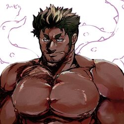  1boy bara beard_stubble dagon_(housamo) dark-skinned_male dark_skin facial_hair fins fish_boy grey_hair large_pectorals long_sideburns looking_at_viewer male_focus mature_male muscular muscular_male mustache_stubble nipples noramoso nude pectorals short_hair sideburns slit_pupils smile solo stubble tentacle thick_eyebrows tokyo_afterschool_summoners translation_request upper_body v-shaped_eyebrows white_background 