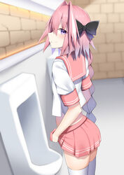  1boy astolfo_(fate) astolfo_(sailor_paladin)_(fate) black_bow blurry blurry_background bow braid clothes_lift crop_top crossdressing fate/grand_order fate_(series) hair_between_eyes hair_intakes hairbow highres indoors kitajima_yuuki lifting_own_clothes long_braid long_hair looking_at_viewer male_focus multicolored_hair oerba_yun_fang official_alternate_costume otoko_no_ko pink_hair pink_sailor_collar pink_skirt pleated_skirt purple_eyes restroom sailor_collar school_uniform serafuku shirt single_braid skin_fang skirt skirt_lift smile solo streaked_hair thighhighs urinal white_hair white_shirt white_thighhighs 