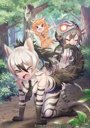  &gt;_&lt; 3girls aardwolf_(kemono_friends) aardwolf_print all_fours animal_ears antlers bare_shoulders biting black_hair black_necktie boots brown_necktie closed_eyes collared_shirt commentary_request d: deer_antlers deer_ears deer_print deer_tail dx elbow_gloves flying_sweatdrops gloves grey_hair hands_in_pockets hood hoodie horns kemono_friends kemono_friends_3 light_brown_hair long_sleeves mucchiri_shiitake multicolored_hair multiple_girls neck_ribbon necktie official_art okinawa_habu_(kemono_friends) open_mouth outdoors pantyhose pleated_skirt polearm ponytail print_footwear print_gloves print_hoodie print_pantyhose print_skirt purple_ribbon ribbon sailor_collar shirt short_hair short_sleeves short_twintails sika_deer_(kemono_friends) sika_deer_(kemono_friends)_(old_design) skirt sleeveless snake_print snake_tail spear tail twintails weapon white_hair 