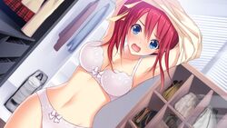  armpits arms_up bag blue_eyes blush bow bow_bra bow_panties bra breasts cleavage collarbone dutch_angle embarrassed female floating_hair game_cg hair_between_eyes hair_ribbon hatsukoi_1/1 indoors koizumi_amane large_breasts long_hair looking_at_viewer navel open_mouth panties red_hair ribbon school_bag side_ponytail solo sunlight tsukishima_kyou underwear underwear_only undressing white_bow white_bra white_panties yellow_ribbon 