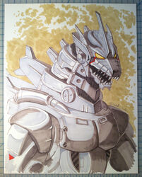  english_commentary godzilla:_tokyo_s.o.s. godzilla_(series) godzilla_against_mechagodzilla_(2002) looking_down marker_(medium) mecha mecha-zone mechagodzilla no_humans open_mouth photo_(medium) photoshop_(medium) robot science_fiction sharp_teeth solo teeth traditional_media type-3_kiryuu yellow_eyes 