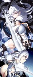  blue_background blue_eyes braid breasts cape cleavage female fighting_stance floating_hair french_braid from_side fur_collar gauntlets hair_between_eyes highres holding holding_sword holding_weapon huge_breasts knife knife_sheath kook large_breasts long_hair original sheath sidelocks sword thick_thighs thighhighs thighs weapon white_hair 