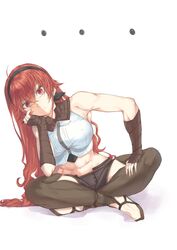  ... aged_up ahoge bandaged_arm bandages bare_shoulders black_hairband breasts brown_shorts brown_thighhighs closed_mouth commentary_request crop_top crossed_bangs eris_greyrat female flats frown full_body groin hair_between_eyes hairband hand_on_own_cheek hand_on_own_face head_rest head_tilt highres indian_style large_breasts long_hair looking_at_viewer midriff mushoku_tensei navel no_jacket red_eyes red_hair saico_isshin shadow shirt short_shorts shorts sidelocks simple_background sitting sleeveless sleeveless_shirt solo thick_eyebrows thighhighs very_long_hair white_background white_shirt 